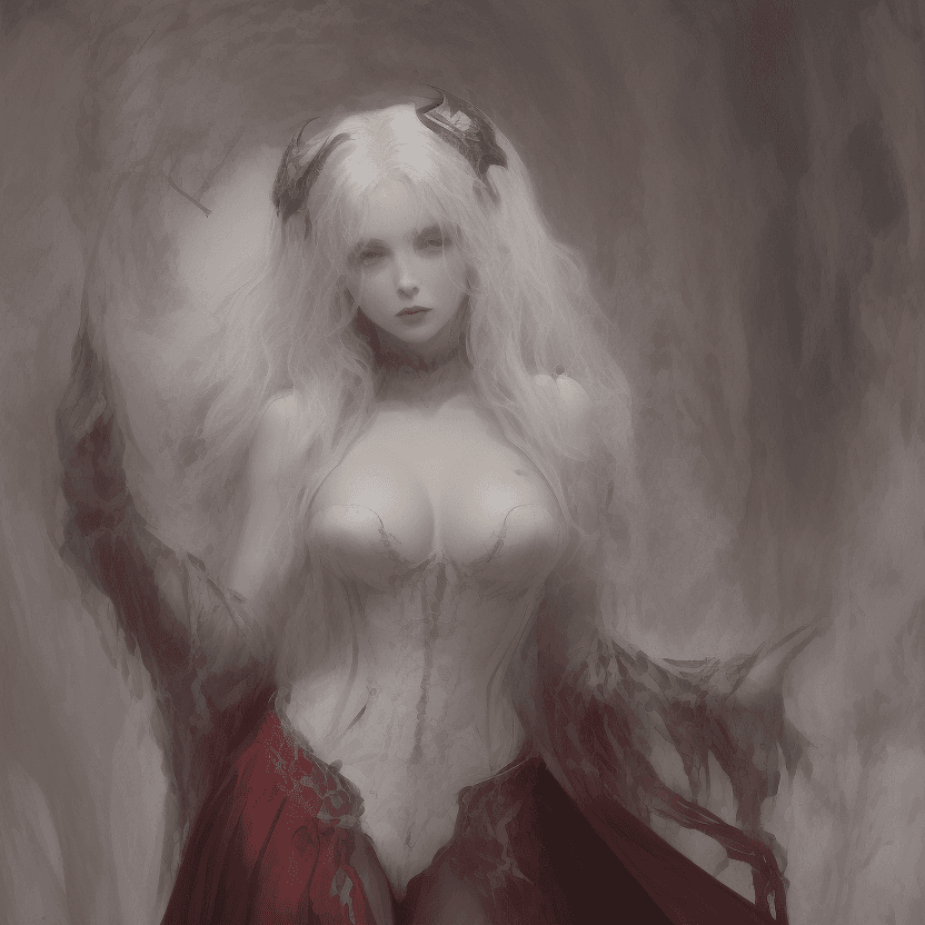 AI generated:  A woman dressed as a succubus, with a pale complexion and long, curly frosted silver hair that casc...