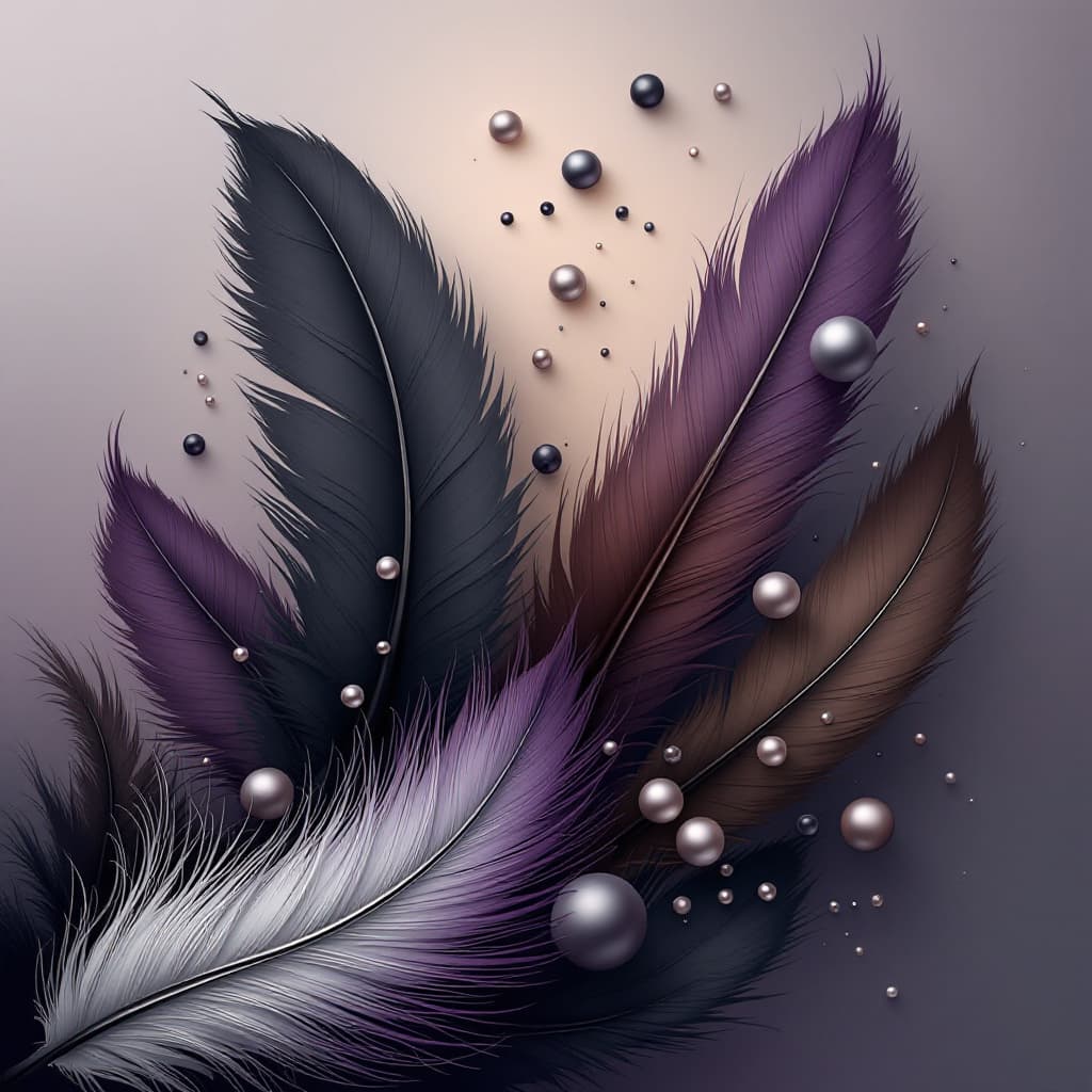 AI generated: Abstract art with black, purple, dark-brown and grey feathers and pearls, 32k, ultradetailed, profes...