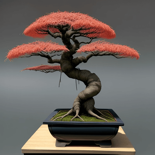 AI generated: Hiperrealista modelo de árbol bonsai especie itoigawa en maceta de tokoname marron oscura tipo kuram...