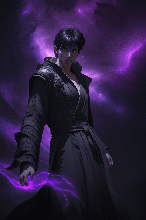 AI generated: Photo of a male human sorcerer, torn robes, floating in space, short black hair, dramatic light, cin...