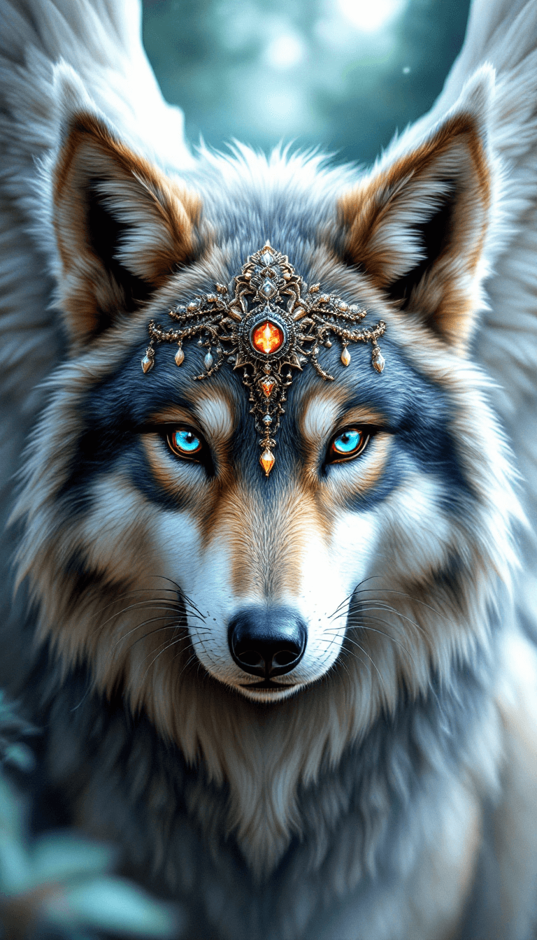 AI generated: Face of a fantasy angel wolf in heaven, many accessories, detailled, face