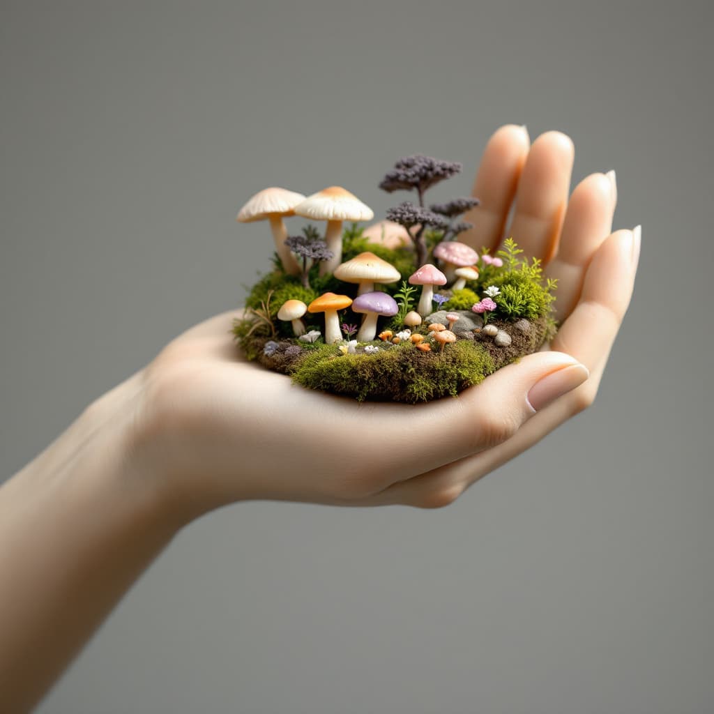 AI generated: A light beige, sculpted hand, positioned in the mid-frame, holds a miniature ecosystem.  The hand is...