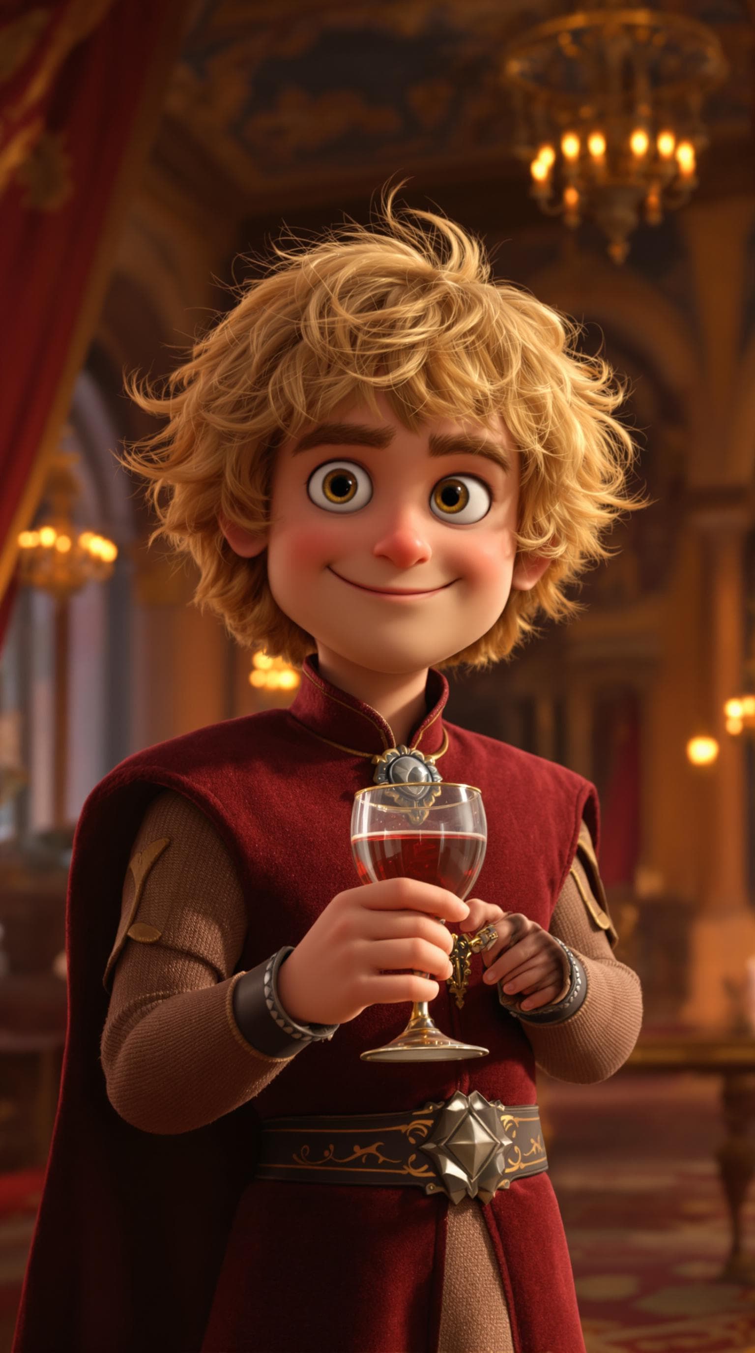 AI generated: A Disney-Pixar animated character resembling Tyrion Lannister; curly golden hair and a small stature...