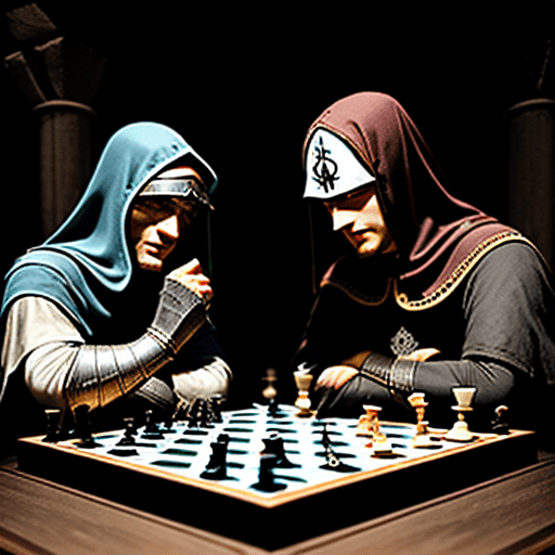 AI generated: personas, ajedrez, personas atractivas, cosplay, estilo medieval, runas, escrituras griegas antiguas...