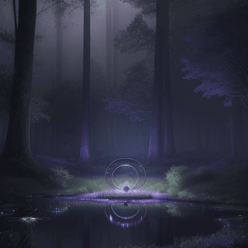 AI generated: In the distance, there is an ethereal and mysterious glowing ring floating above a peaceful pond, at...