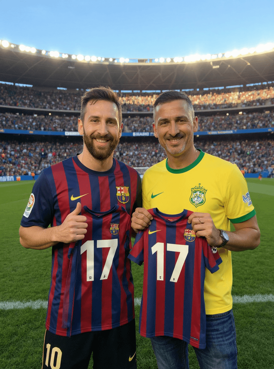 AI generated: A candid photo shows Inter Miami's American soccer player Lionel Messi standing next to a man (in th...