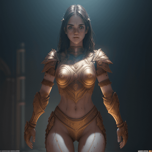 AI generated: 1girl, a real perfect female anatomy of brunette, sweaty naked upper body, light high ornamented arm...