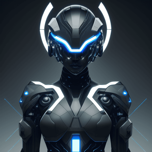 AI generated: Futuristic cyborg Black man featuring a captivating cybernetic helmet adorned with vibrant triangula...