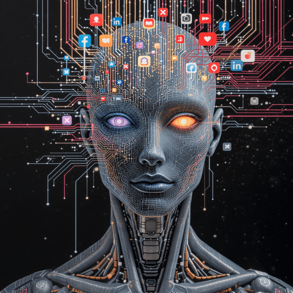 AI generated: i want a humanoid design with intricate face detailing: featuring only the headshot living in a digi...