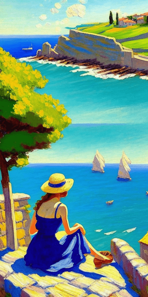 AI generated: Impressionist painting of a woman in a summer dress and straw hat sitting on the stone wall of an ol...