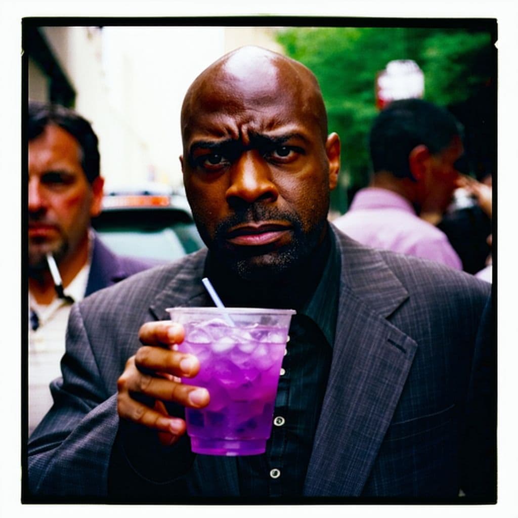 AI generated: grainy 80's photograph quality polaroid of big fat bald anxious fearful black man being court-marsha...