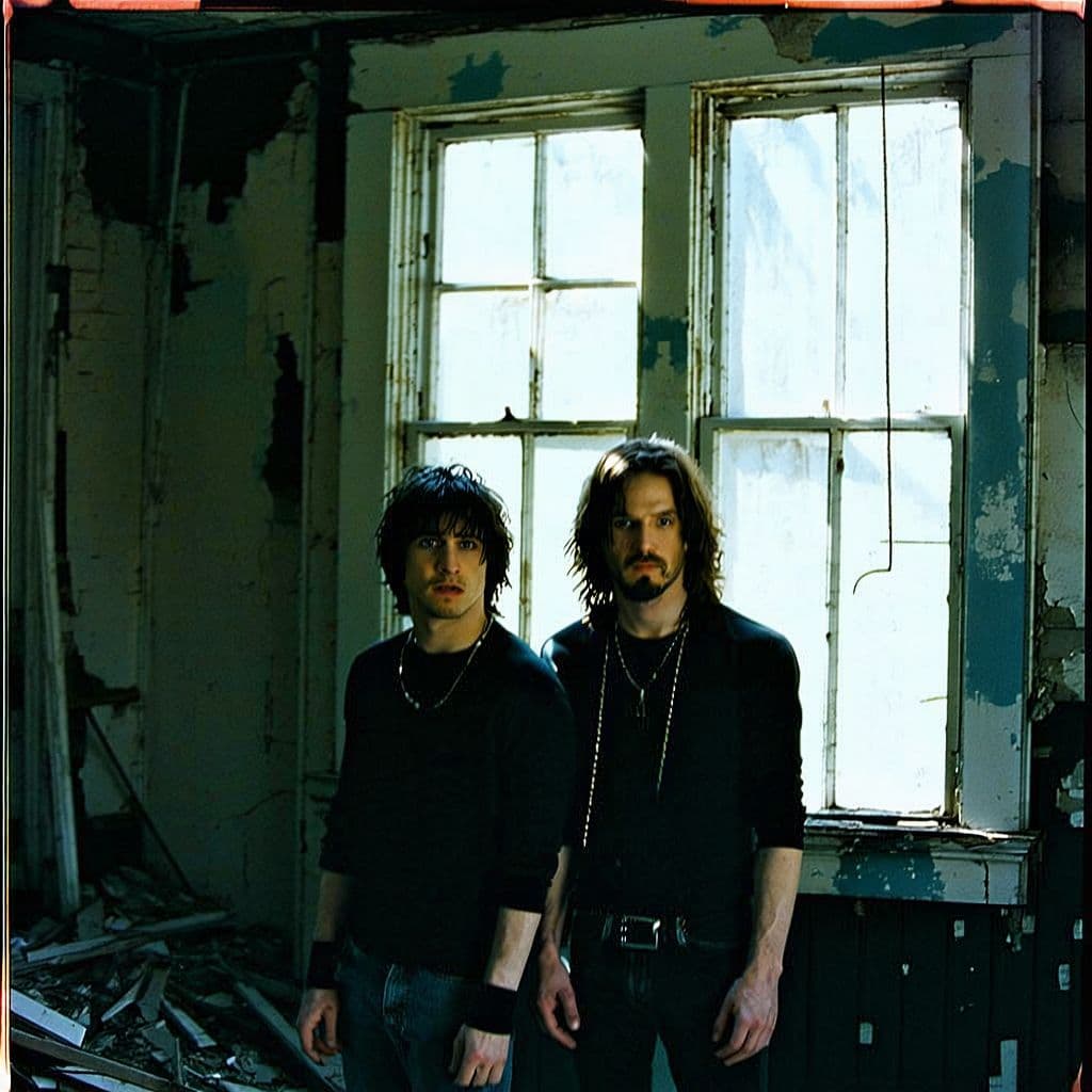 AI generated: grainy 80's photograph quality polaroid of bill and ted suicide caught in an abandoned house, dark