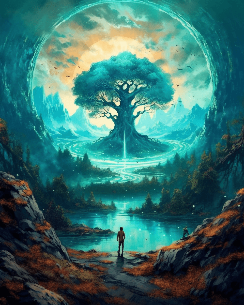 AI generated: a large circle of a person above a tree in an image, in the style of vibrant fantasy landscapes, tea...