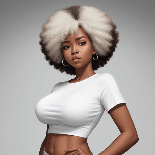 AI generated: black woman in a white t-shirt, in the style of sterling silver highlights, afro hair, very bif boob...