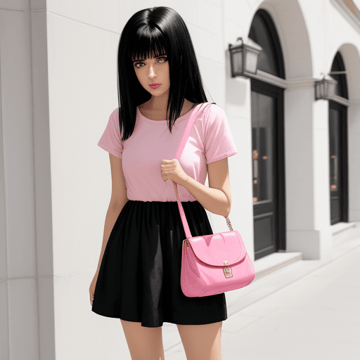 AI generated: Black hair , shorts dress pink bag black jeans
