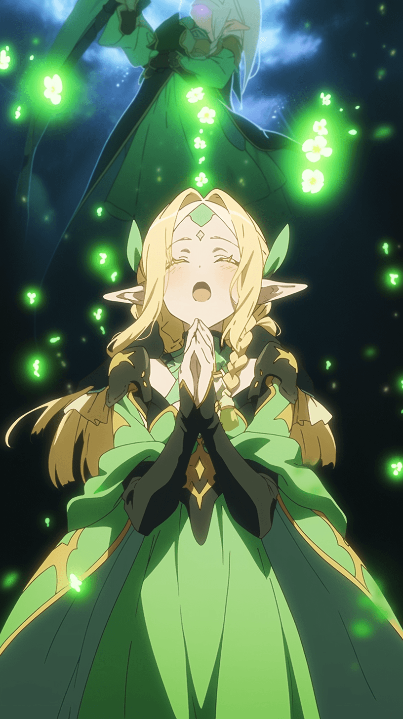 AI generated: A member of the anime SAO. heroic party. An elf healer dressed in green. She is in a dark room tryin...
