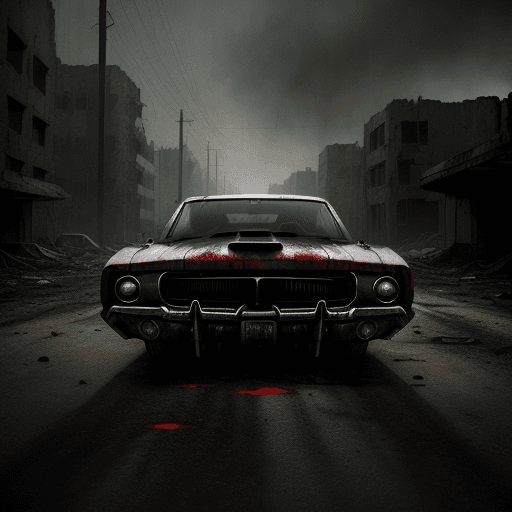 AI generated: A (((comic Horror poster))) for a (post apocalyptic world) featuring a sleek, (((Dodge rustic Charge...