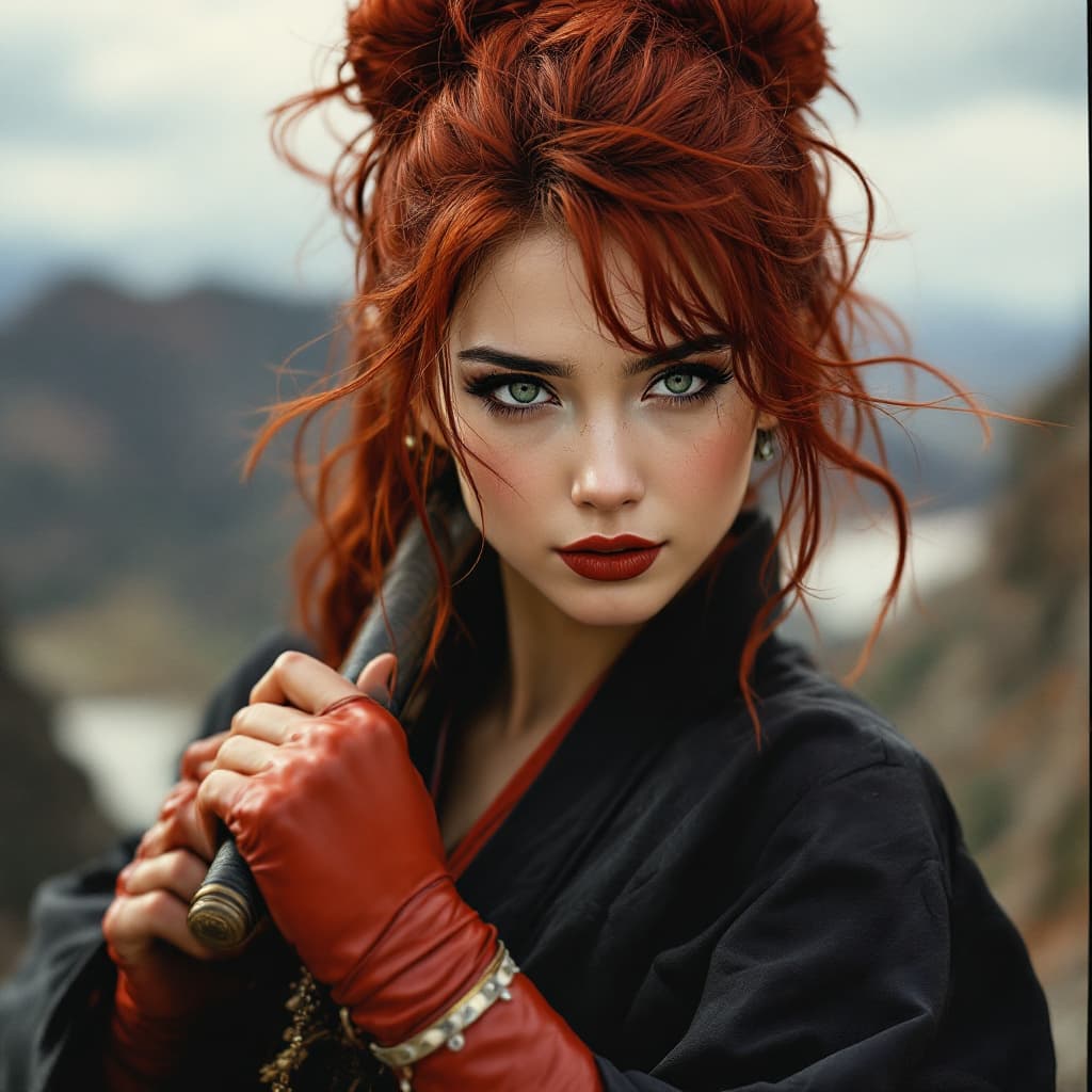 AI generated: granulado, borroso, sincero; Calidad de fotografía de los 80;mujer japonesa ,pelo rojo , ojos verdes...