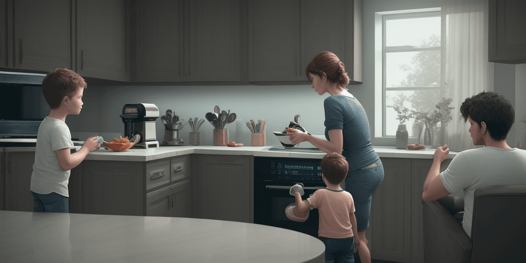 AI generated: A mother using a blender in the kitchen while her son watches television(TV) , cinematic, hyper real...