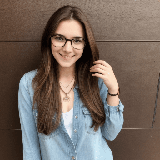 AI generated: Young adult woman, slim, long light brown hair, small locket, big square glasses, smiling, cute, ful...