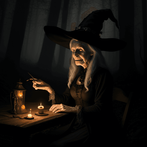 AI generated: an old  witch performs magic in a gloomy forest,in candlelight,mystical,dynamic light,halloween,