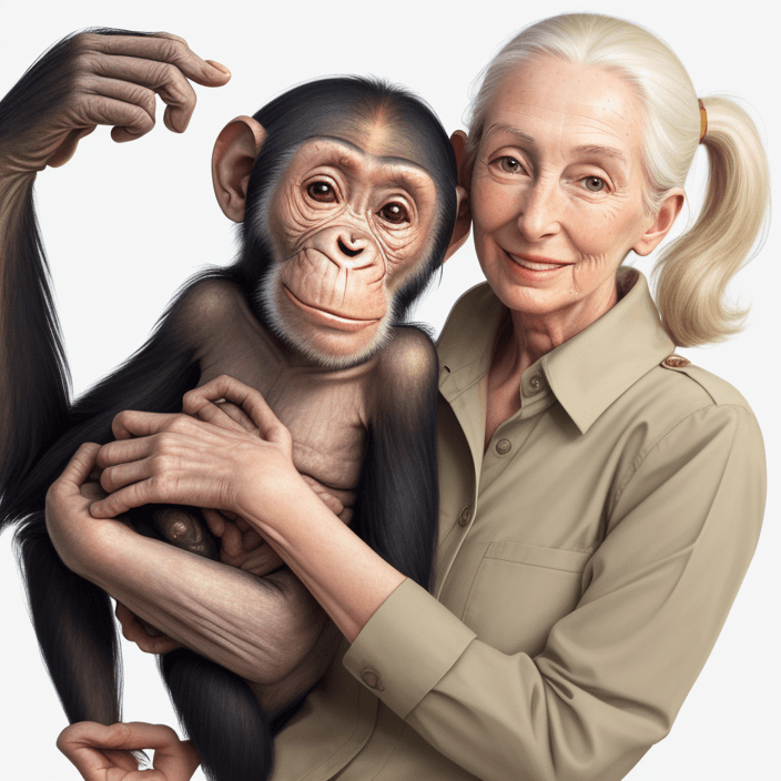 AI generated: Jane Goodall, realistic, 4k, holding a chimpanzee smiling, headshot, body facing camera, straight fo...