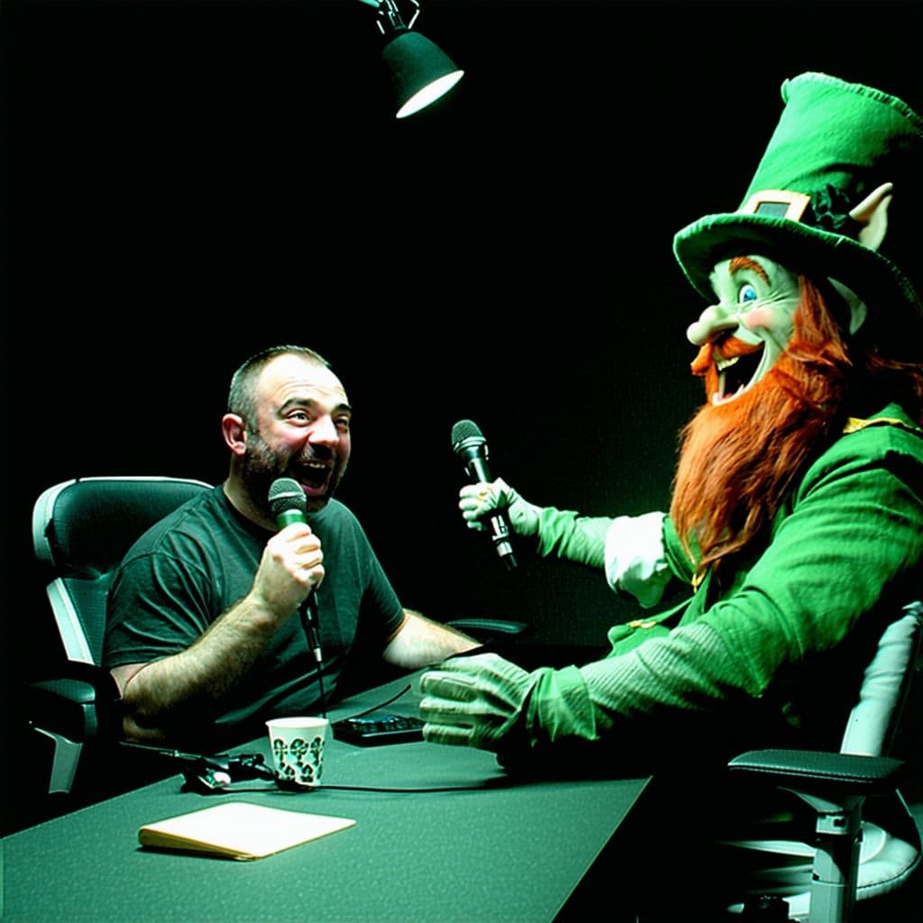 AI generated: Joe Rogan catches a leprechaun breaking onto his set during a podcast and chases after it in a panic...