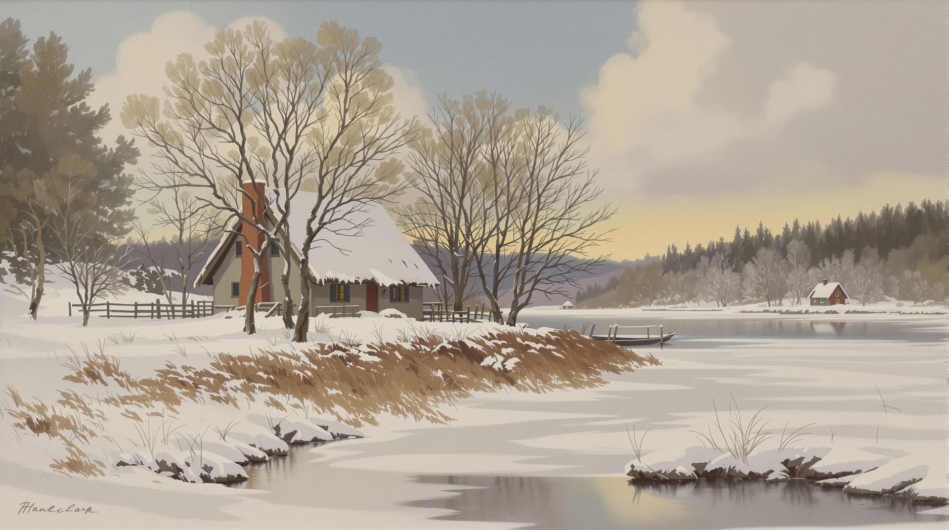 AI generated: 'A Lake Cottage in a Winter's Dream