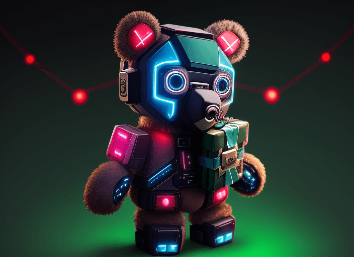 AI generated: Cute Cyber Punk Christmas teddy bear carrying a holding a gift box in the front
