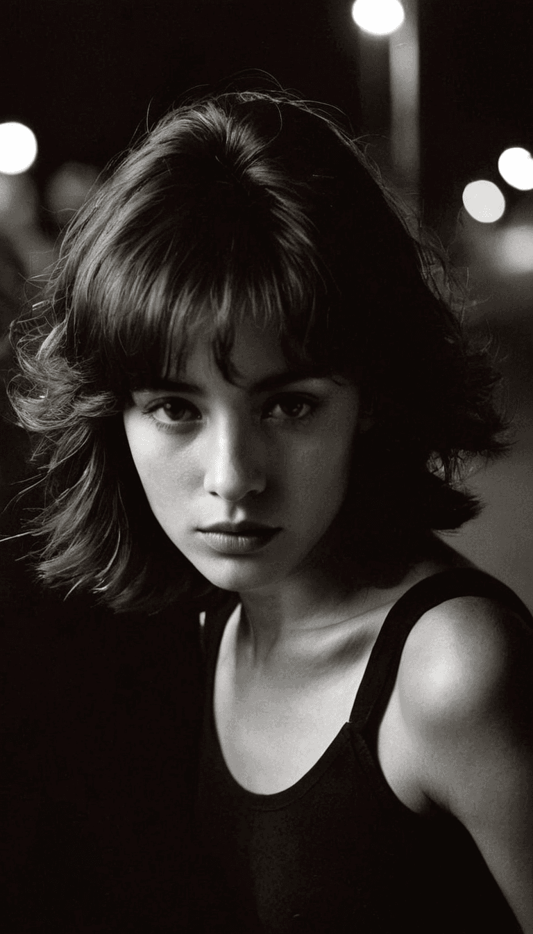 AI generated: black and white photography in style by Bruce Davidson, fashion editorial, dark haired woman of long...