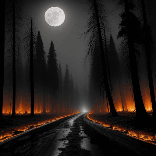 AI generated:  A muddy road in the middle of huge dead trees on fire, a thick foggy night, illuminated by the moon...