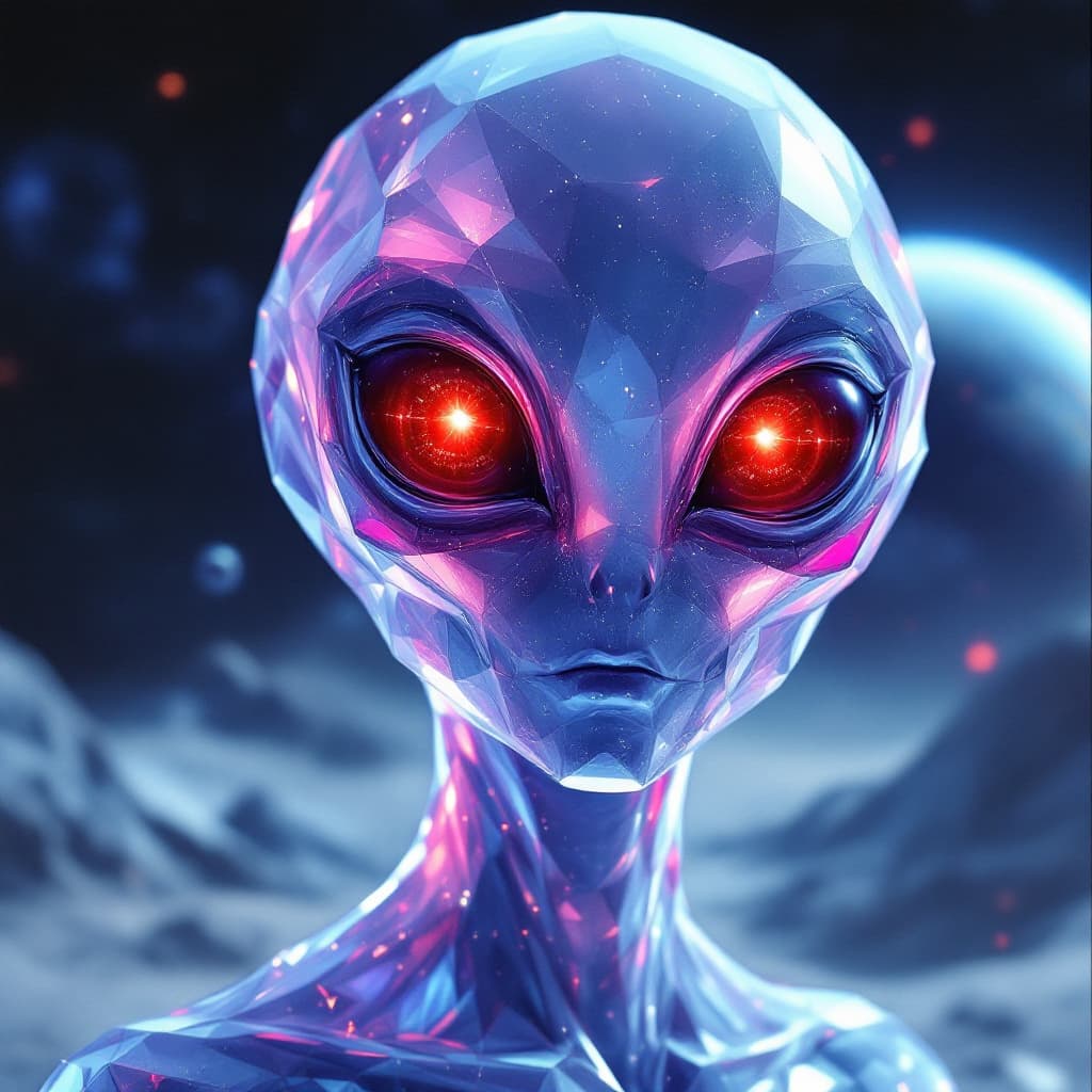 AI generated: an alien made of crystal::2 big shiny red eyes, soulful eyes::planet in the background --v 4 --q 2 -...