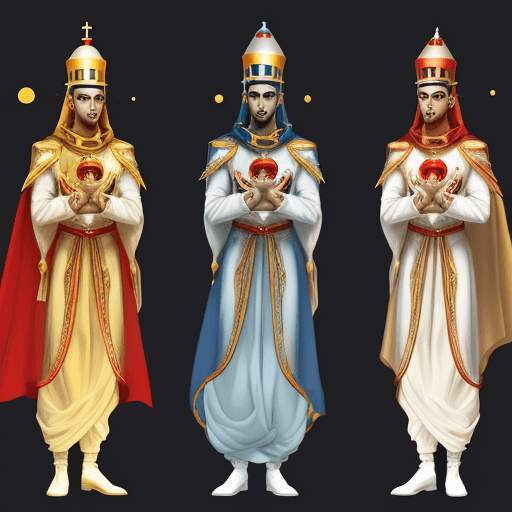 AI generated: image of a Space Age Zoroastrian Magi in different color outfits (red, yellow, blue)