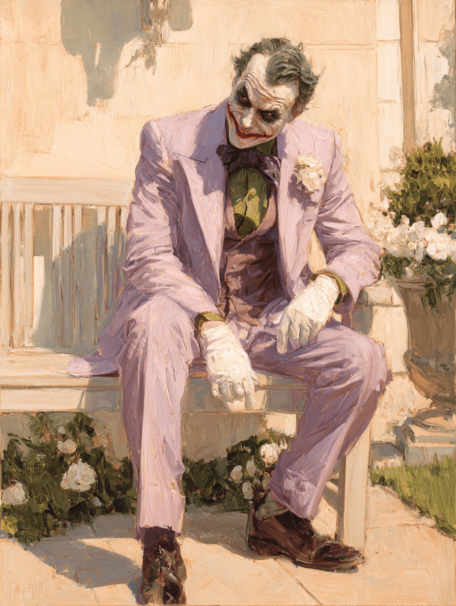 AI generated: portrait of the Joker, middle-aged, Caucasian male, seated on a light beige wooden bench in a sun-dr...