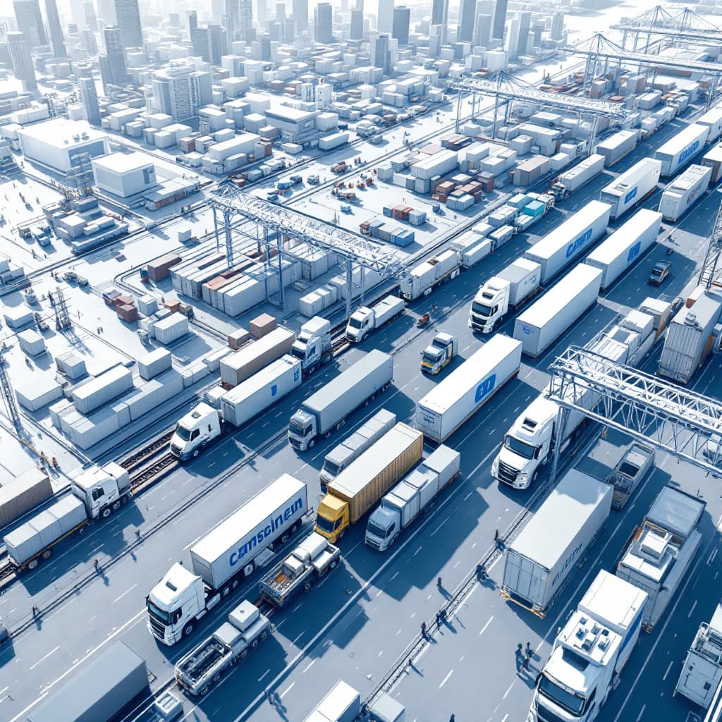 AI generated: "Vista aérea de un enorme terminal de carga con containers siendo transportados por camiones y trene...