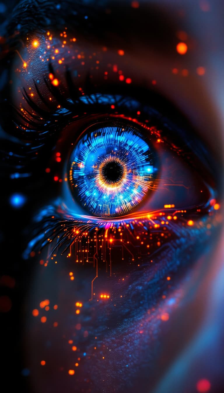 AI generated: intricate electronic circuit forming A photo of an eye with the universe in it, solo, looking at vie...