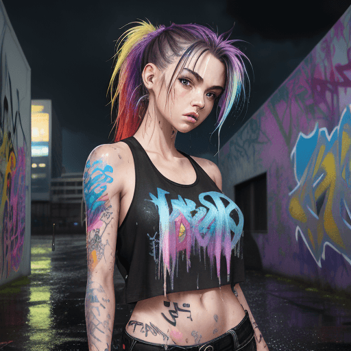 AI generated: masterpiece, concept art, centered, wide shot, front view, 1girl, wet, (rain, night) , body tattoo, ...