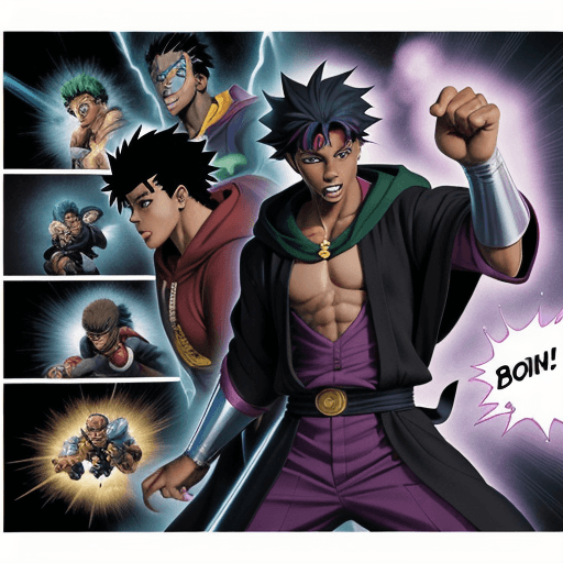 AI generated: jojo's brizzare adventure colored Manga pannel of teenage black boy with powers fighing villan with ...