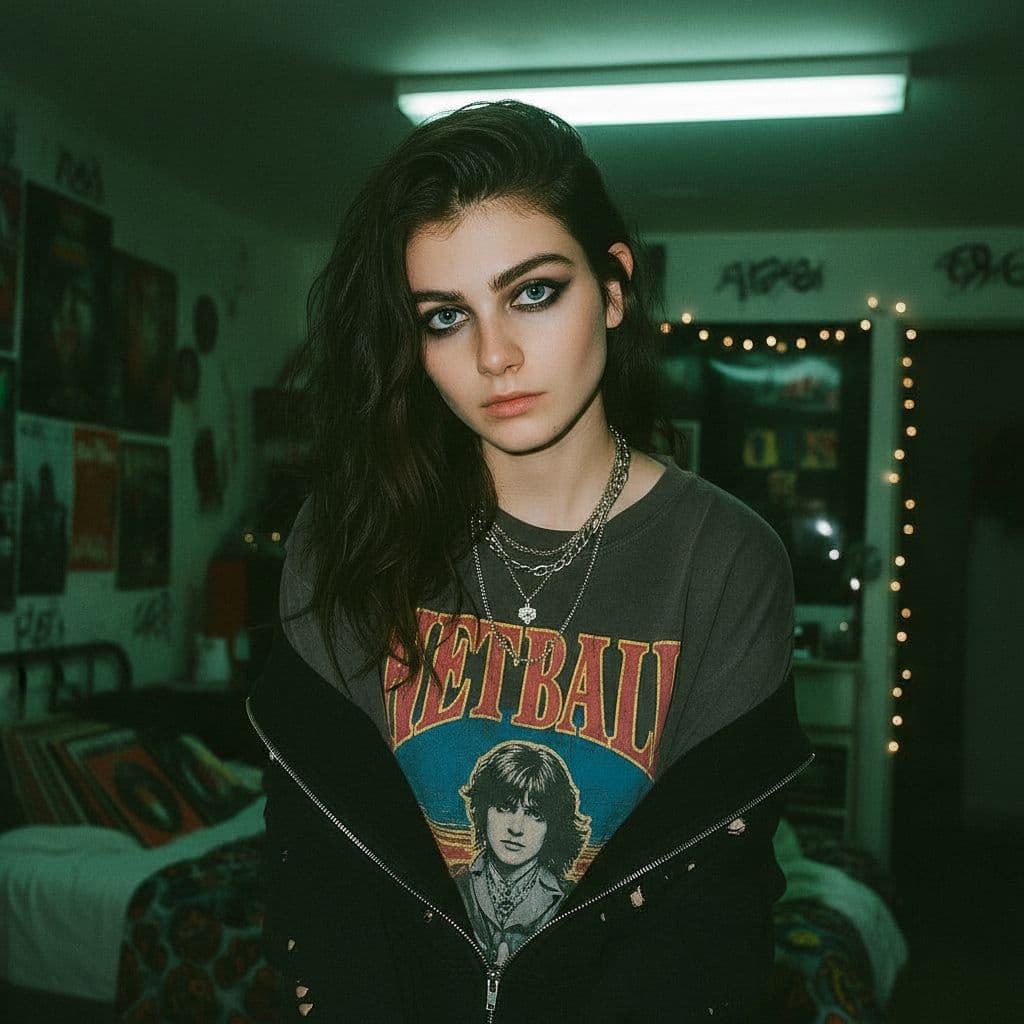AI generated: She has intense eyes with smudged black eyeliner, tousled wavy hair, pale but slightly worn-in skin ...