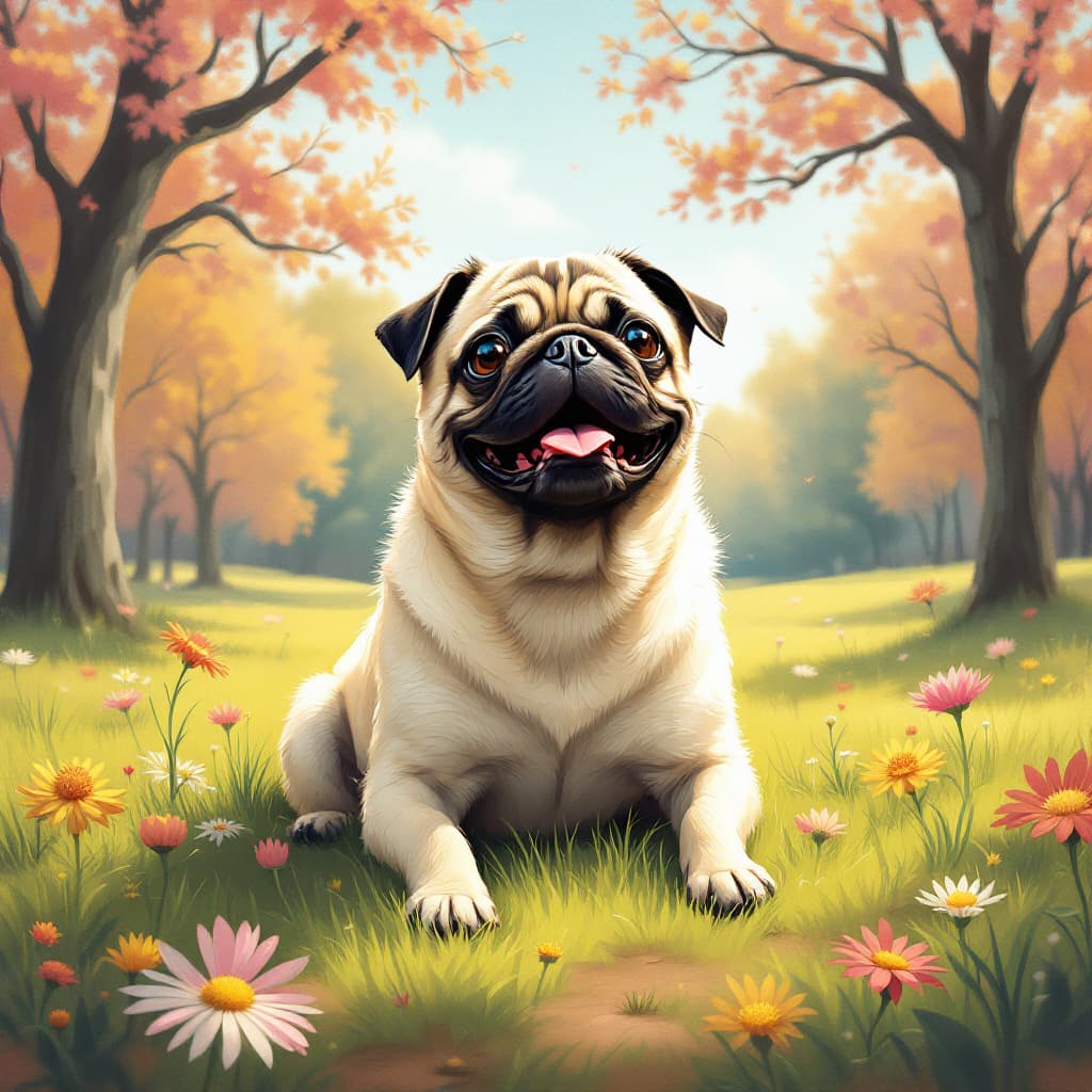 AI generated: a happy real pug in the park
soft style