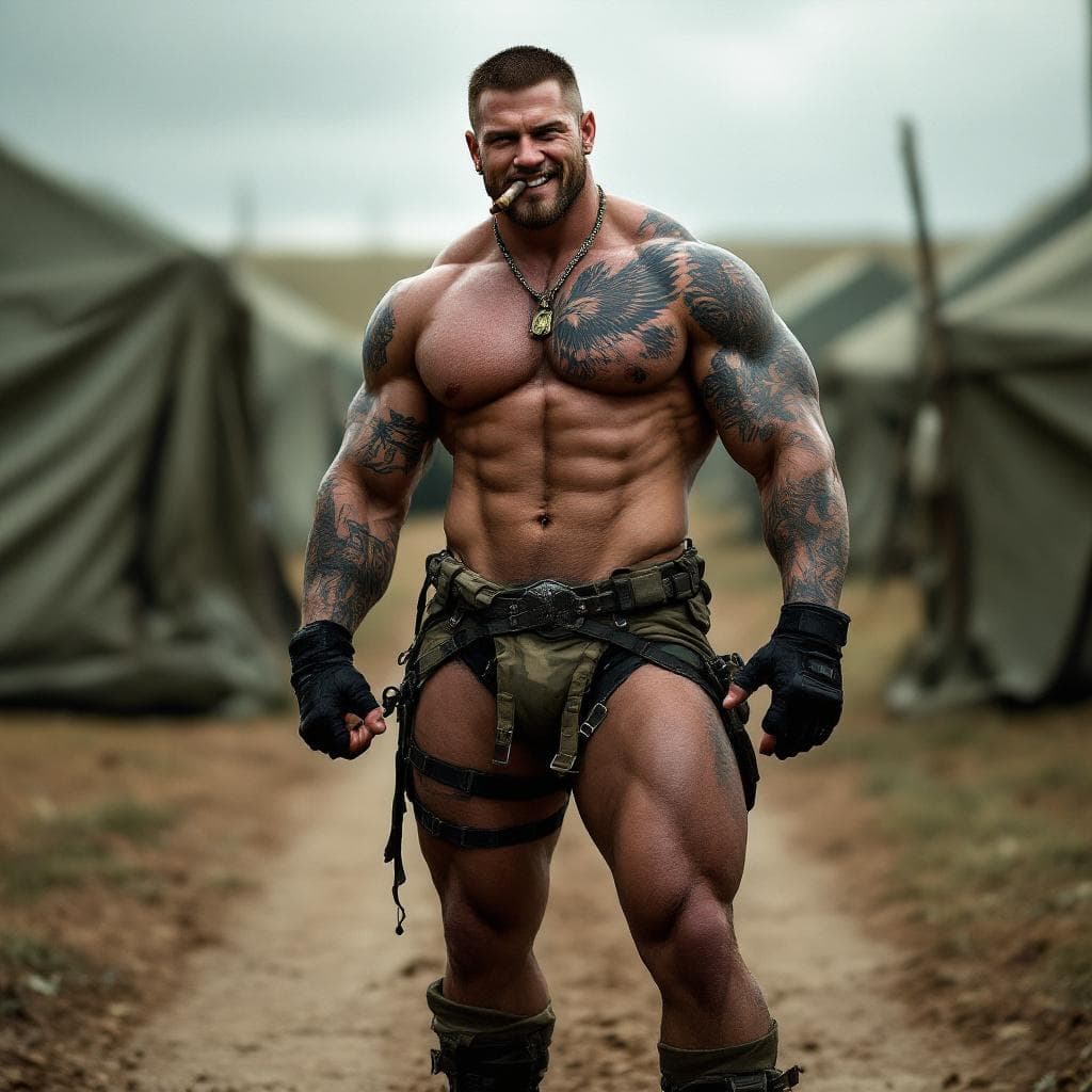 AI generated: Chris Redfield, Full body image, looking at us, shirtless, muscular abs, lots of tattoos, eagle ches...