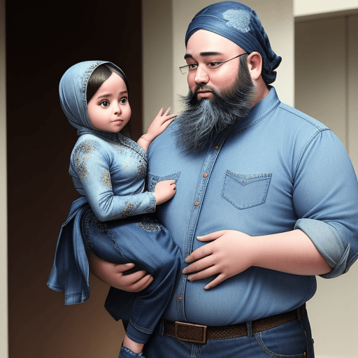 AI generated: a woman wearing a denim blue hijab and her fat husband who has a beard, a woman carrying her 6-month...