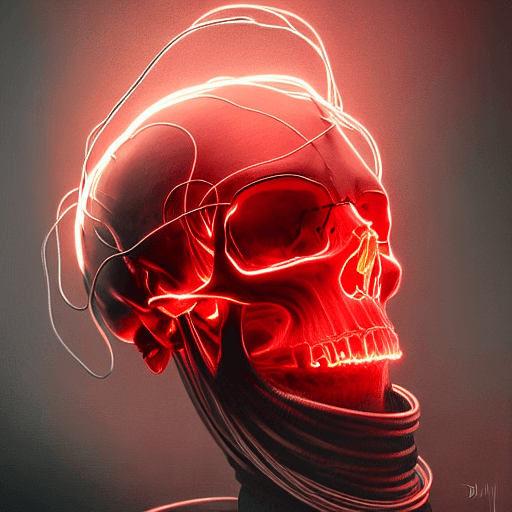 AI generated: artwork of a cyberpunk skull, connected to thick metal cables all around, in the style of dmitri dan...