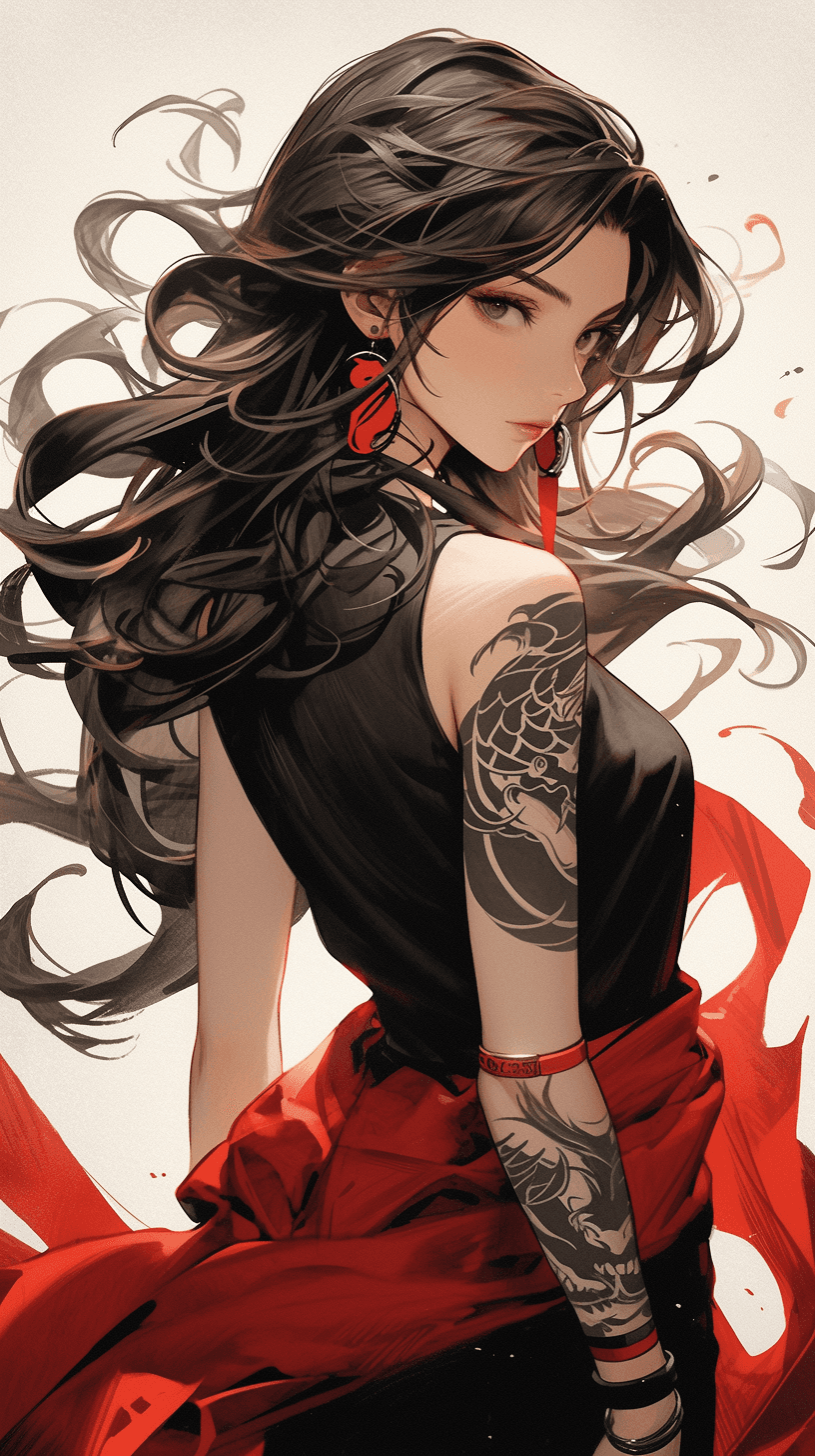 AI generated: a woman with tattoo by ryan lee, in the style of artgerm, animated gifs, guido crepax, flowing fabri...