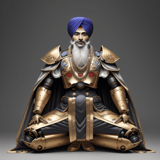 AI generated: 1800s a sikh king, wearing turban and Japanese mecha exoskeleton gundam suit warhammer; long heavy c...