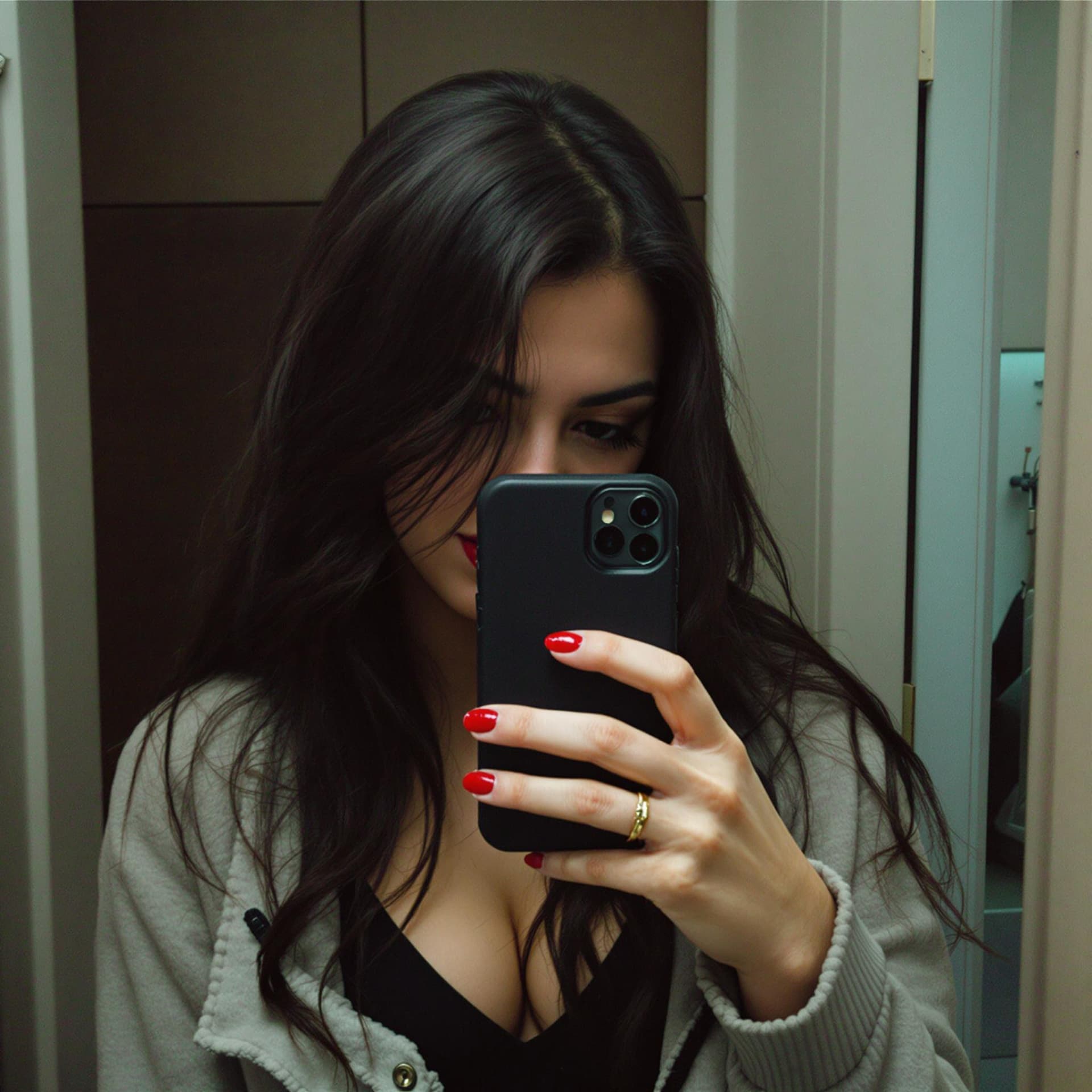 AI generated: low quality phone photo, , a girl realistic, atracttive, alone, indoor, selfie mirror photo, darker ...