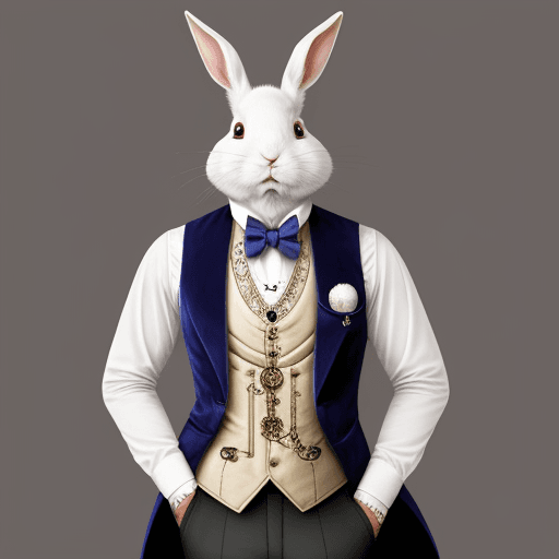 AI generated: White rabbit in the waistcoat with pocket watch in the medow 