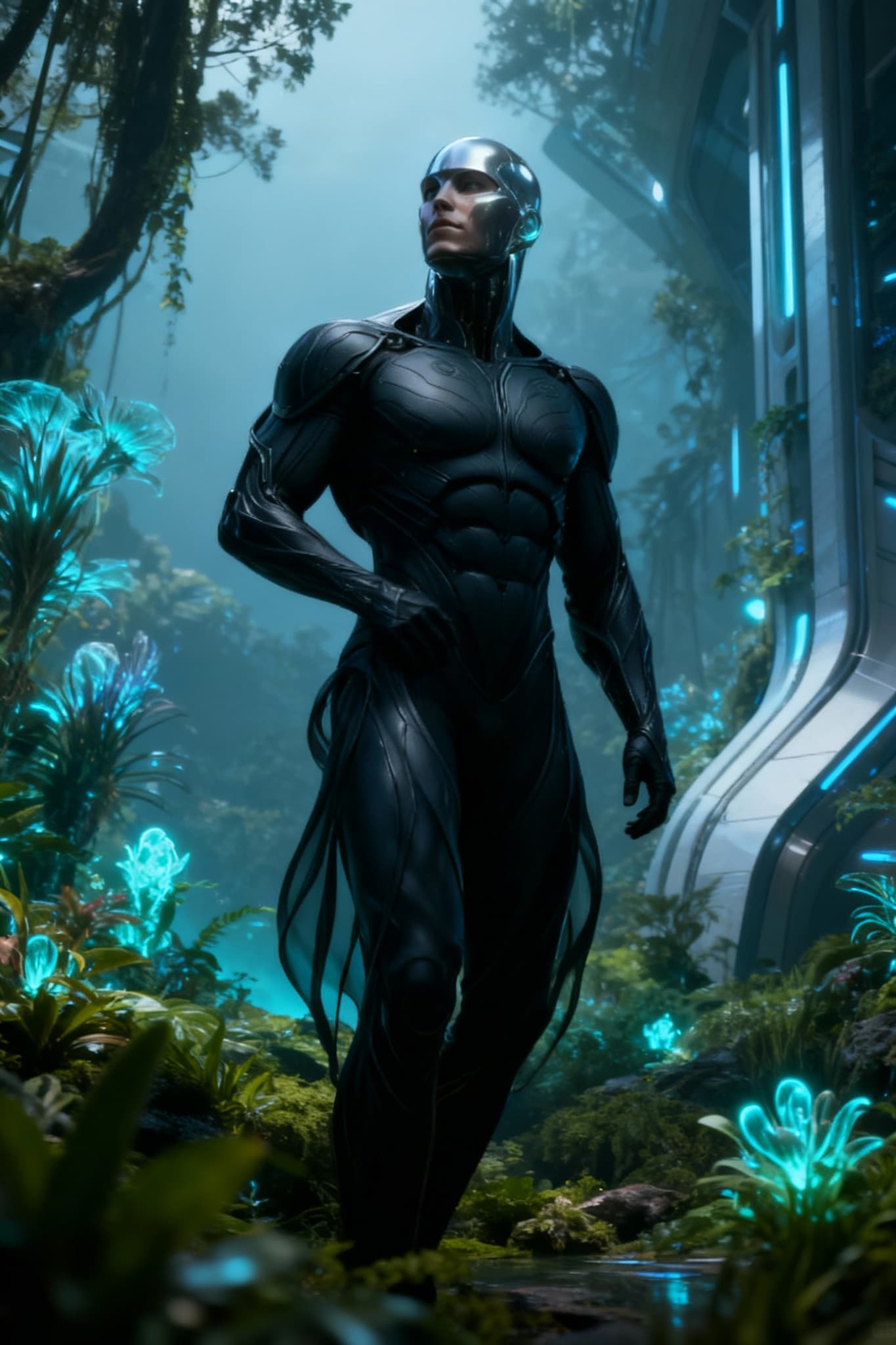 AI generated: Change background, create futuristic clothing, and pose to emphasize sleek comfort within a futurist...