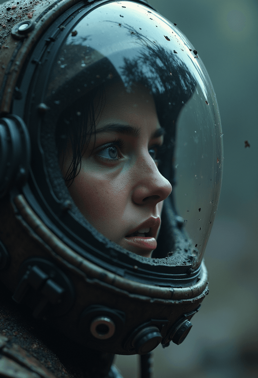 AI generated: an astrounait is looking through her helmet with a horrifying face after a creature is after her. th...