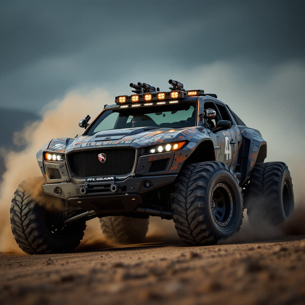AI generated: photography, sports shooting, dynamic range, dynamic motion with jaguar ftype 4x4 Monster Truck with...